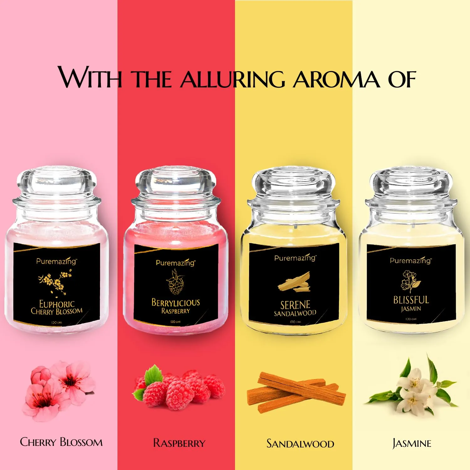 Puremazing Soy Wax Candle Premium Gift Set - 4 Scented Candles Jars for Home, Office, Party, Eco Friendly Candle Gift Set (Cherry Blossom, Raspberry, Sandalwood, Jasmine)