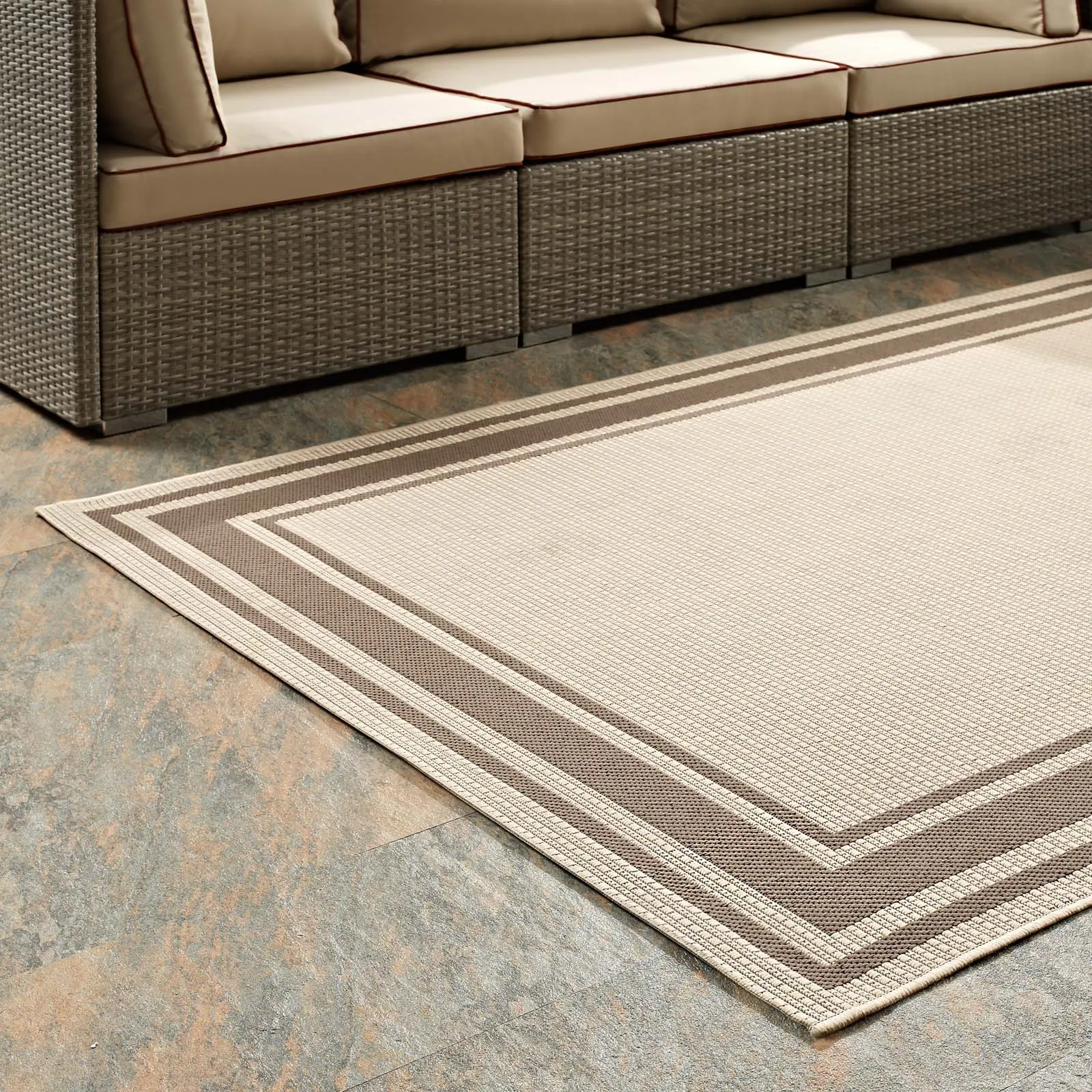 Rim Solid Border Borderline 8x10 Indoor and Outdoor Area Rug  Light and Dark Beige
