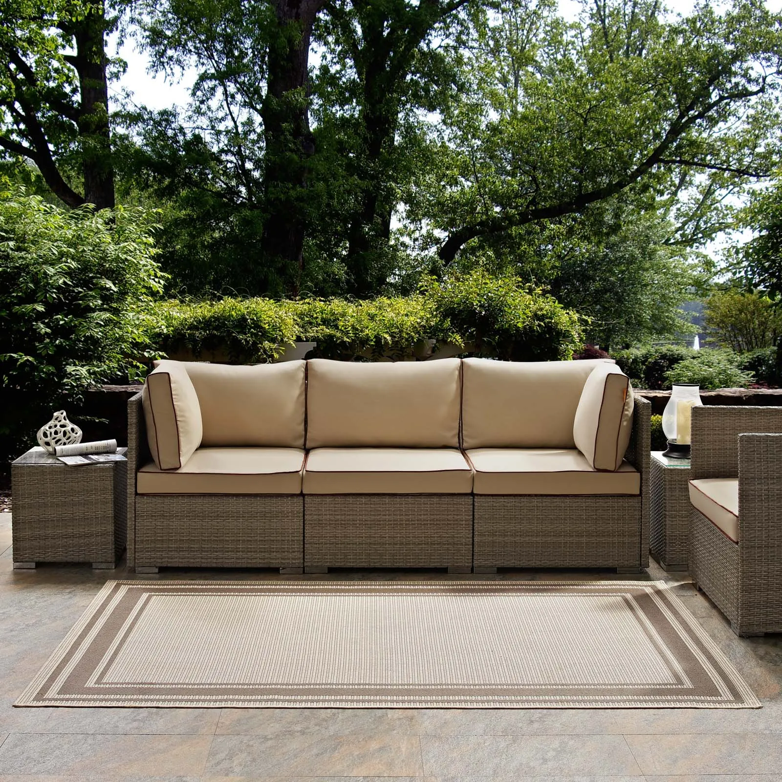 Rim Solid Border Borderline 8x10 Indoor and Outdoor Area Rug  Light and Dark Beige