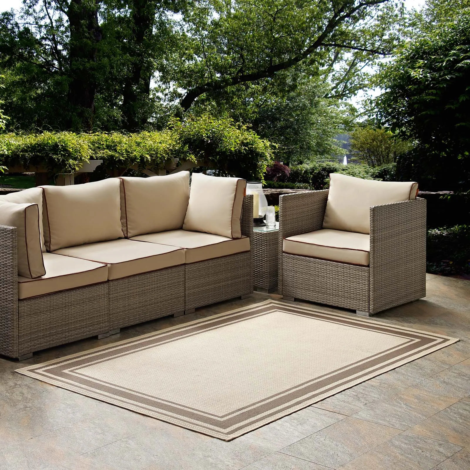 Rim Solid Border Borderline 8x10 Indoor and Outdoor Area Rug  Light and Dark Beige