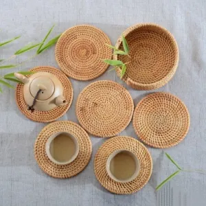 Rustic Woven Round Rattan Coaster - Handmade Coffee Coaster - Housewarming Gifts - Fringe Placements - Handwoven Placements - Kitchen Dining