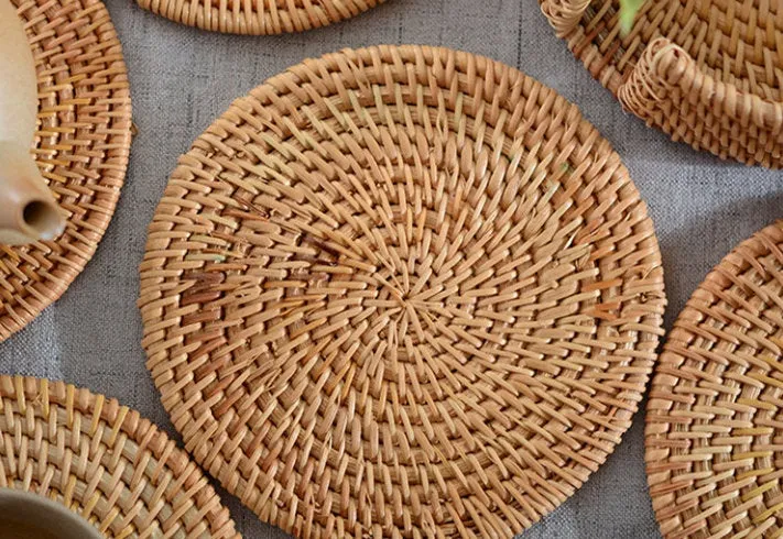 Rustic Woven Round Rattan Coaster - Handmade Coffee Coaster - Housewarming Gifts - Fringe Placements - Handwoven Placements - Kitchen Dining