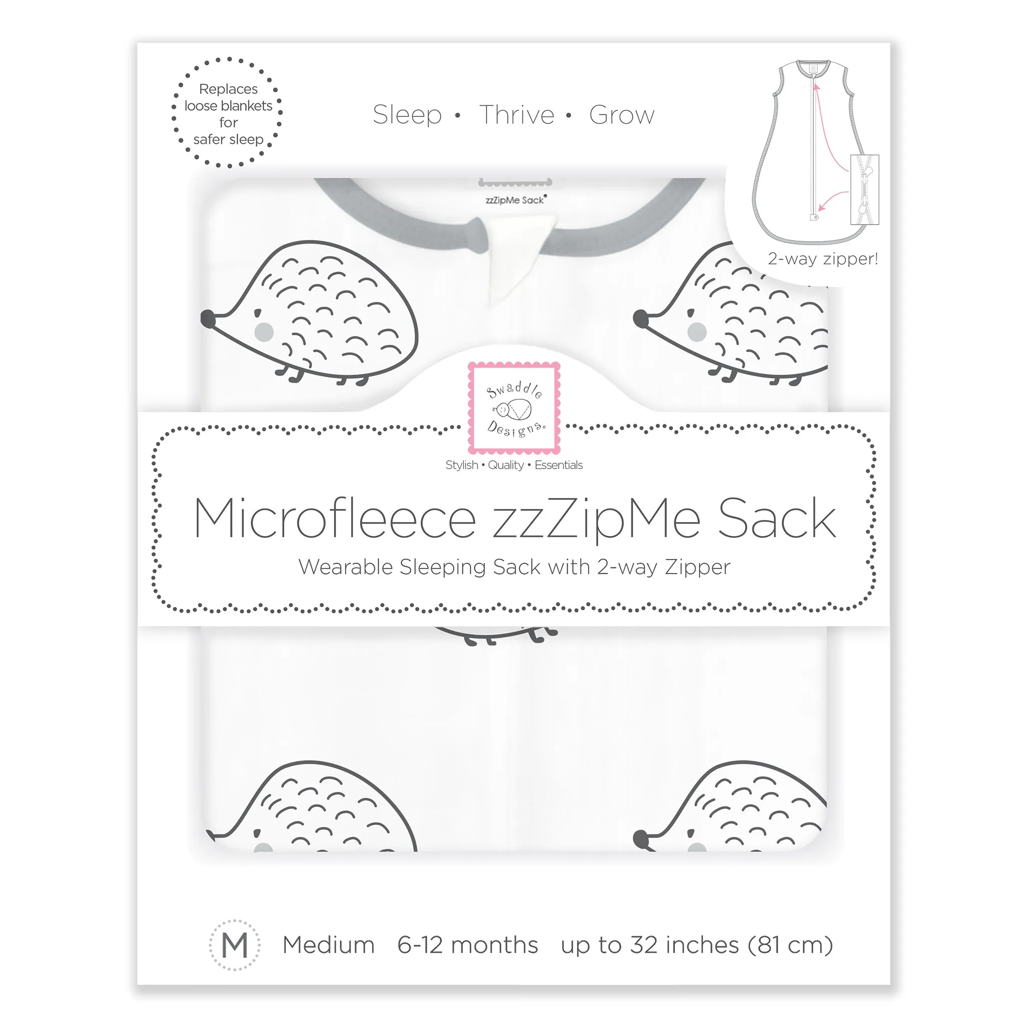 Soft Fleece zzZipMeSack - Hedgehog, Soft Black Pearl